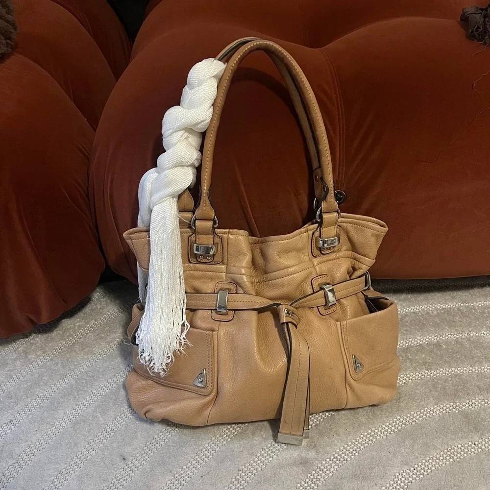 B Makowsky Belted Strap leather shoulder hobo Bag Punk Y2k Streetwear Chic